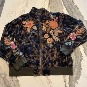 Johnny Was Cotton Velvet Embroidered Bomber Jacket